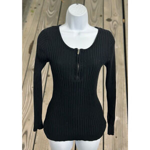 Philomena Petti Black Ribbed Sweater Sz M 1/4 Zip Scoop Neckline Fitted Top